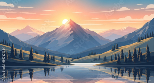 Majestic mountain range illuminated by a golden sunrise reflected in a calm lake.