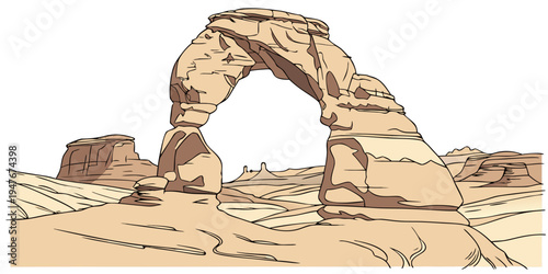A large rock arch in a desert landscape Vector