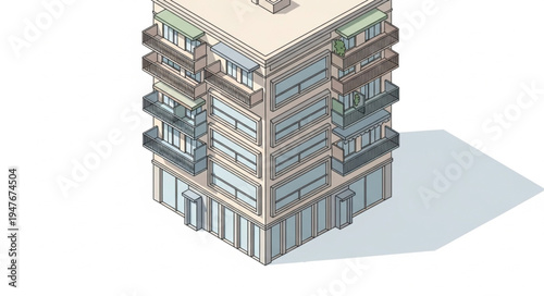 Isometric illustration of a modern apartment building with balconies.