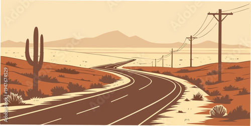 A winding road through a desert landscape with cacti and power lines Vector