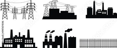 Industrial infrastructure silhouettes, power plant illustration, factory artwork, smokestack design, 