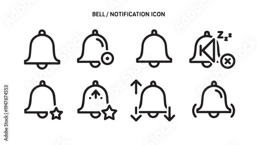 Bell Notification Icon Set Alert Sound Sleep Star Volume Control Line Art
