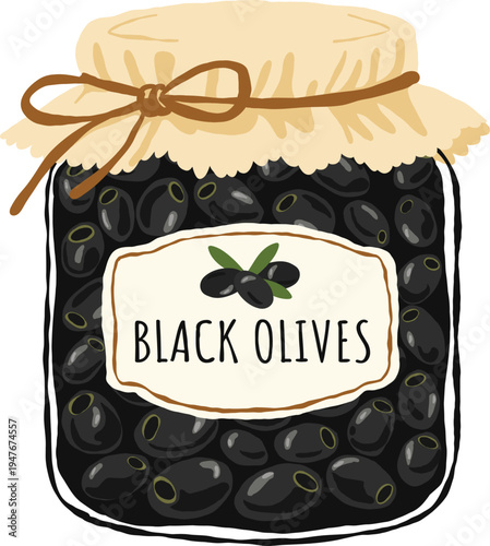A charming hand-drawn illustration of a glass jar filled with black olives, covered with fabric and tied with a rustic string cozy kitchen-style illustration is perfect for food packaging, recipe book