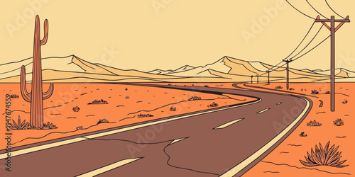 A desert road with a cactus and telephone poles Vector