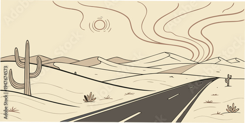A desert road with a fence on the left side Vector