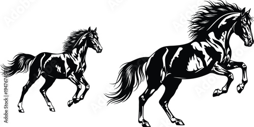 Galloping Black Horse Silhouette Vector Graphics, Majestic Stallions Running, Wild Mustang Illustrations, Equestrian Sports Art, Isolated Equine Animals on White Background