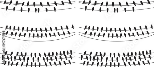 Birds sitting on electric wire silhouettes set, flock of birds on cable, black bird outline vector collection