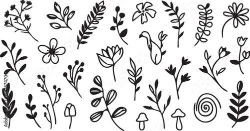 Doodle floral vector set: hand drawn flowers, leaves, and mushroom elements eps silhouette