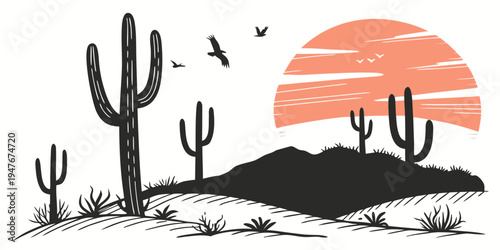 A desert landscape with cacti at sunset Vector