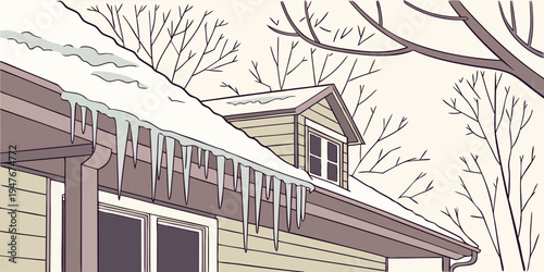 A house with icicles hanging from the roof in winter Vector