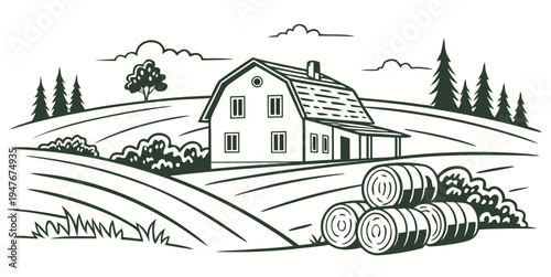 A house on a farm with a tractor and a field of crops Vector