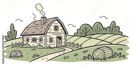 A small house with a chimney and a pathway Vector