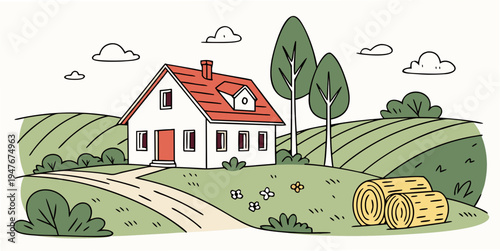 A white house with a red roof and a yellow tractor Vector