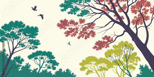 A colorful illustration of trees with changing leaves and flying birds Vector