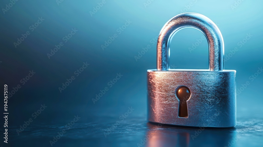 Fototapeta premium shiny metal padlock on reflective surface with cool blue gradient background evoking security and protection