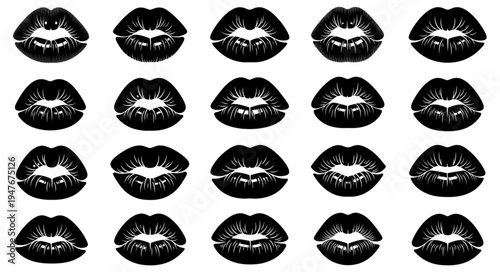 Black Lipstick Kiss Marks Pattern on White Background.