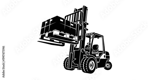 Forklift truck lifting heavy load of pallets in warehouse industrial setting.