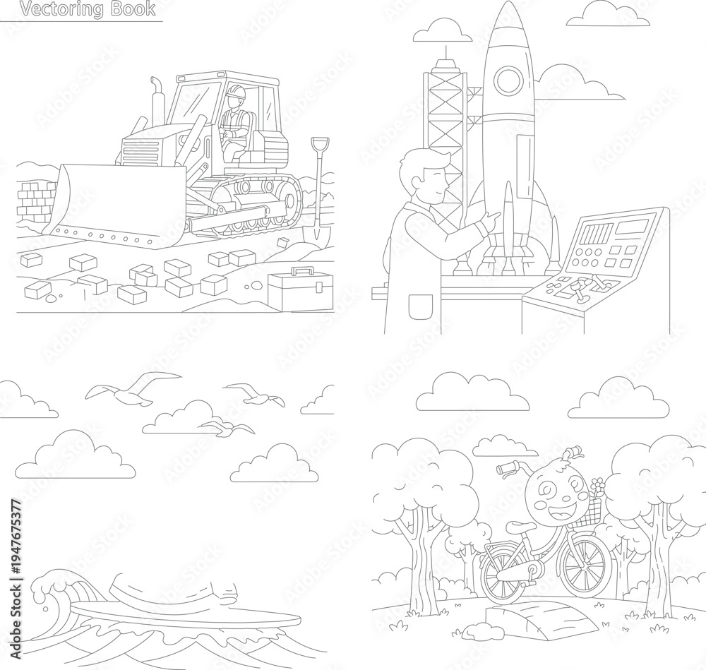 Obraz premium Engaging coloring book set: heavy equipment bulldozer, rocket launch, ocean waves, fantasy pumpkin carriage, space exploration