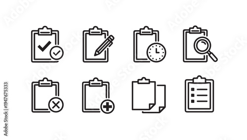 Clipboard Icons Checklist Pen Clock Magnifier Cross Plus Document List