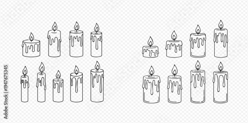 Set of hand-drawn burning candles with melted wax in various sizes, isolated on transparent background.