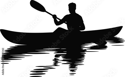 Kayaker silhouette on calm water reflection, man paddling canoe isolated on white background outdoor adventure vector illustration design