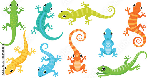 Colorful Gecko Lizard Illustration Set Featuring Cartoon Geckos in Different Poses with Curled Tails for Wildlife and Reptile Design.