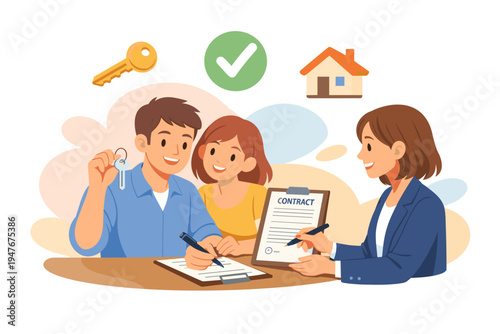 Couple signing contract for new home with real estate agent.