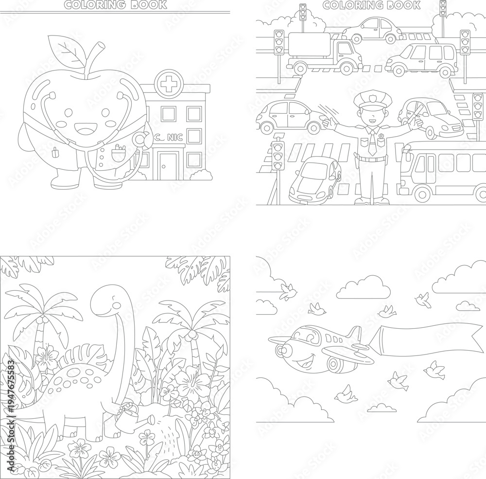 Obraz premium Educational coloring book pages: apple city character, busy traffic scene, jungle dinosaur, airplane banner, police officer