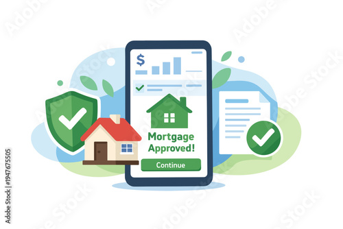 Mortgage Approved on Mobile Phone with House and Shield.