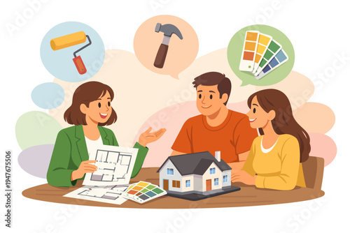 Real Estate Agent Discussing House Plans with Couple.