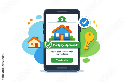 Smartphone Mortgage Approval Notification with House and Key Icons.