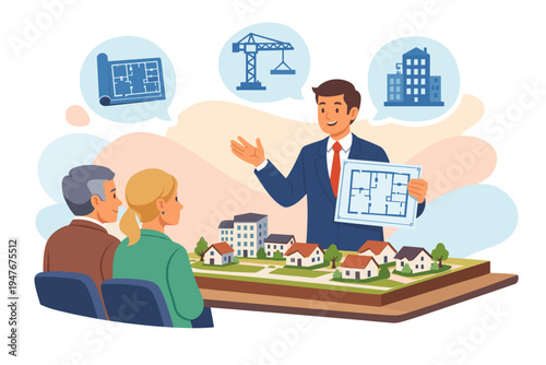Real Estate Agent Presenting Property Development Plans to Clients.