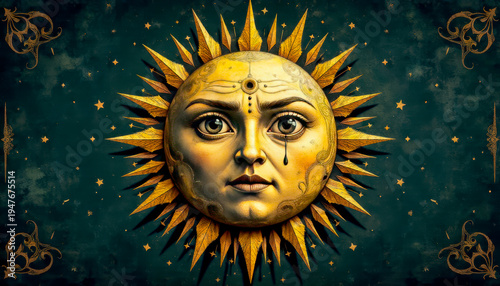 Ominous Crying Sun Over Earth as a Harbinger of Doom, Psychedelic, Premonition, Sun with a Tear