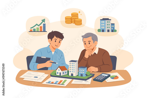 Two men discussing real estate investment models and financial growth.