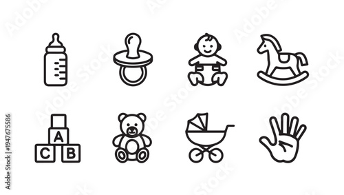 Collection of Baby Icons: Bottle Pacifier Blocks Teddy Bear Stroller Rocking Horse Baby Silhouette HandStock Graphics