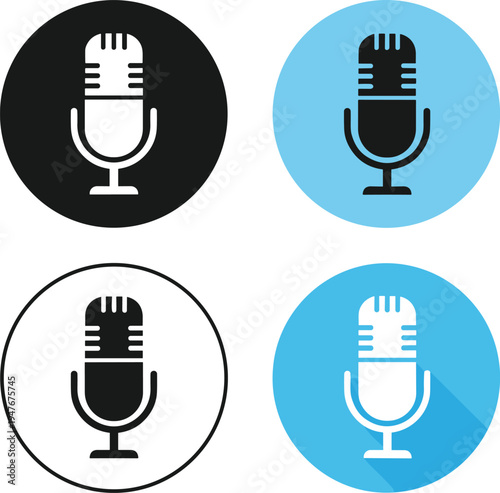 Microphone icon set with sound waves voice recognition noise cancellation and podcast recording symbols in black line art vector illustration for audio