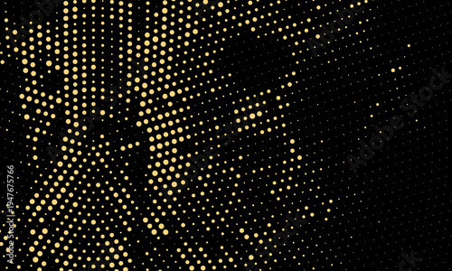 Gold glitter halftone texture background on black with golden sparkle shimmer shine pattern. Circular radial dot design with luxury elegant premium effect. Vektor modern.