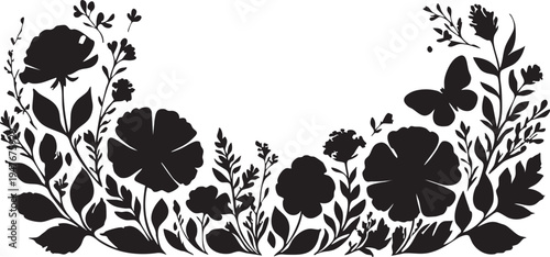 Black floral silhouette vector: flowers, butterfly, and botanical elements eps