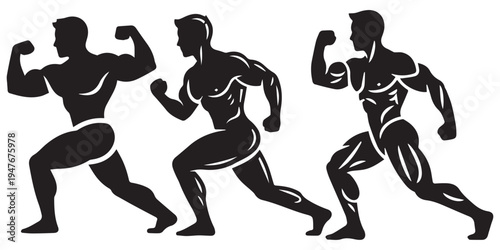 Bodybuilder silhouette poses showing muscular male physique eps 10