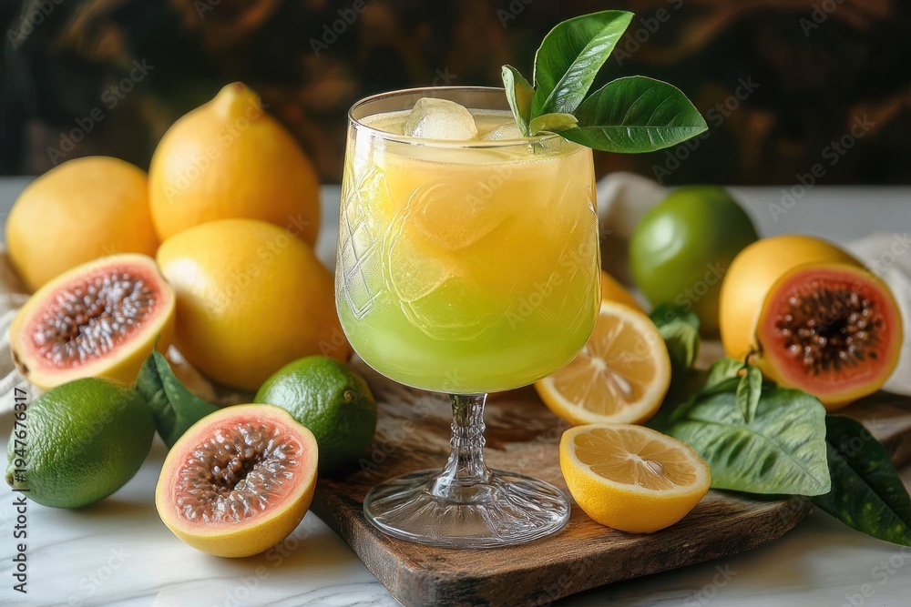 Fototapeta premium Refreshing two-tone citrus and guava cocktail with ice and leafy garnish surrounded by lemons limes and halved pink guavas on a wooden board