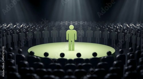 One person standing out from crowd in spotlight with dramatic lighting for leadership.