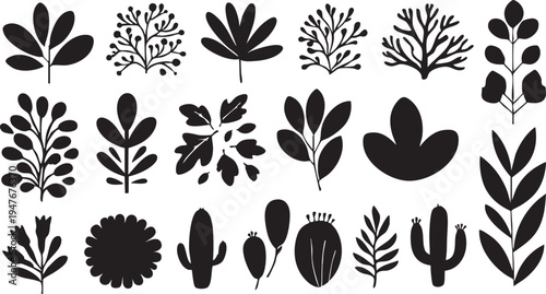 Black and white botanical vector set: leaves, branches, and cactus illustrations eps silhouette
