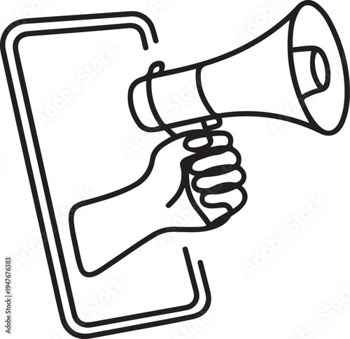 hand holding megaphone coming out from smartphone screen marketing. one line art icon drawing vector