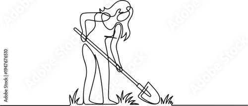 woman is hoeing the grass. one line art icon drawing vector