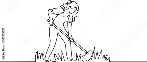woman is hoeing the grass. one line art icon drawing vector