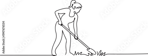 woman is hoeing the grass. one line art icon drawing vector
