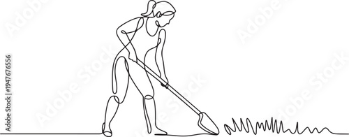 woman is hoeing the grass. one line art icon drawing vector
