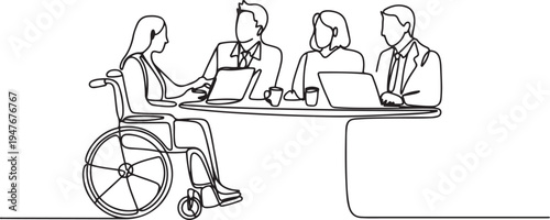 woman in a wheelchair having a meeting with her office mates. one line art icon drawing vector