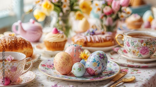 Bright Easter breakfast table with decorated eggs, pastries, spring flowers and pastel tableware, cheerful holiday dining scene