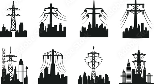 Utility tower silhouettes, electrical infrastructure, urban skyline, power line illustration, industrial artwork, cityscape design, energy distribution, lattice pylon, monopole structure, grid system